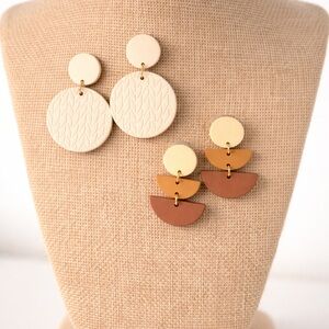 2 Pair Neutral Clay Dangle Earrings Bundle Ivory & Terracotta Boho